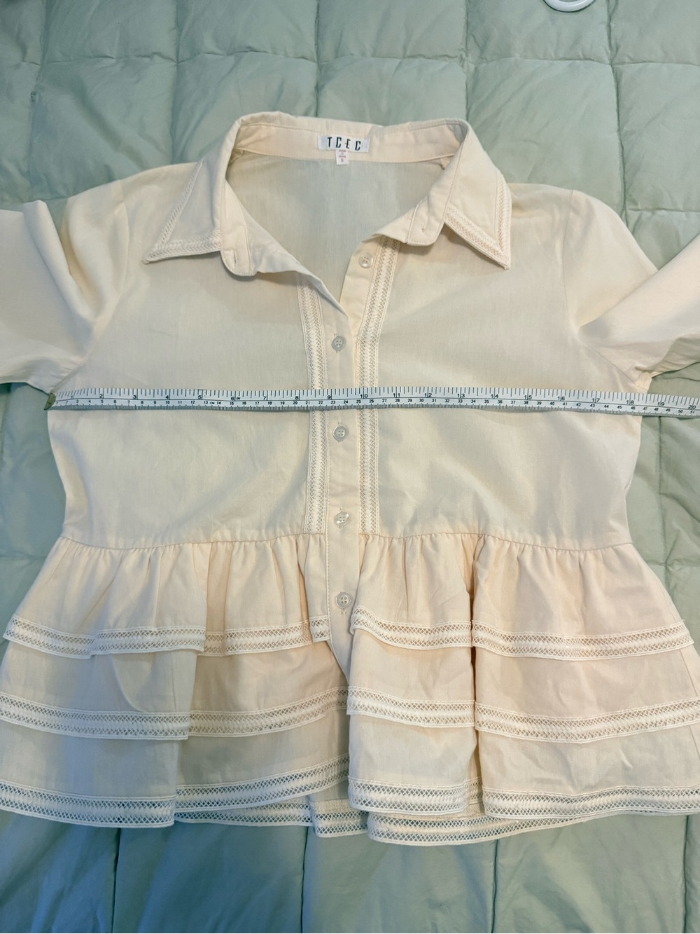 TCEC Cream Tiered Peplum Ruffle Blouse 100% Cotton Size Small - Picture 10 of 14